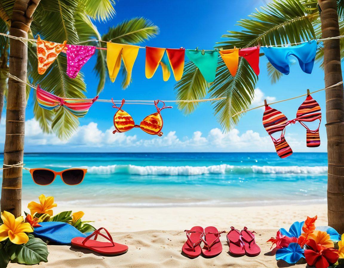 A beach scene featuring a variety of stylish bikinis hanging on a clothesline, with vibrant tropical plants in the background and a radiant sun shining down. Include a sandy beach with playful waves and colorful beach accessories like flip-flops and sunglasses scattered around. The overall ambiance should evoke a sense of summer fun and adventure. vibrant colors. super-realistic.